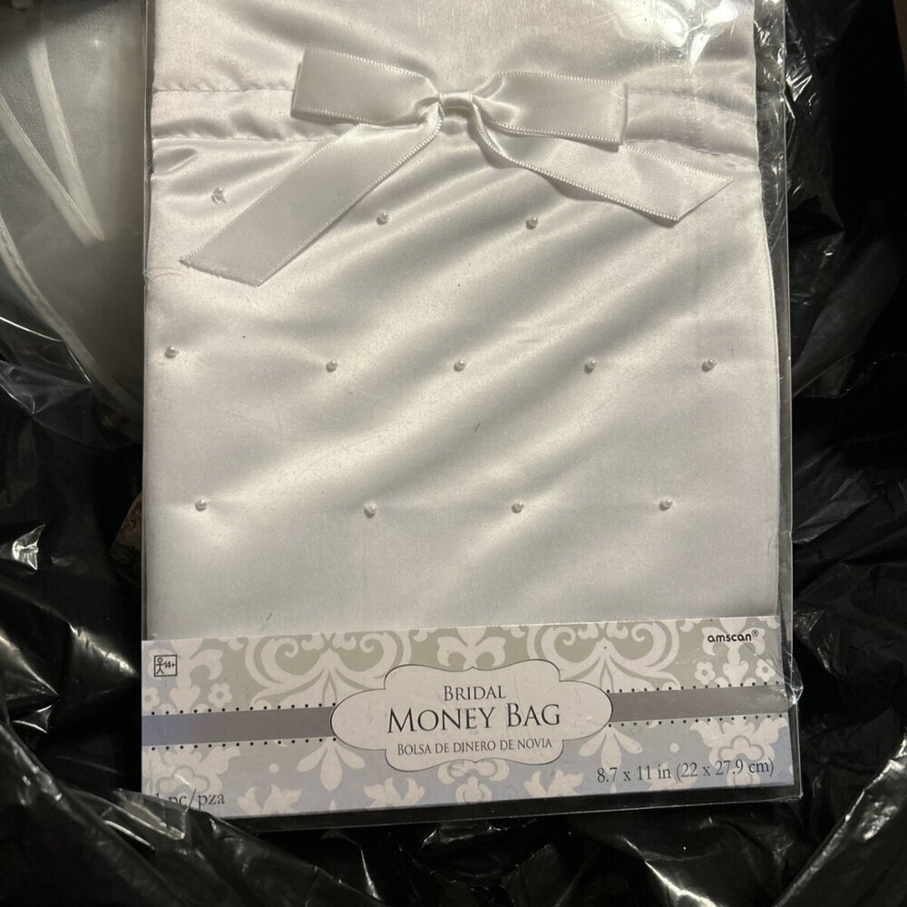 Bridal Money Bag White Beaded W/Bow & Draw String Closure Wedding Shower Bag New